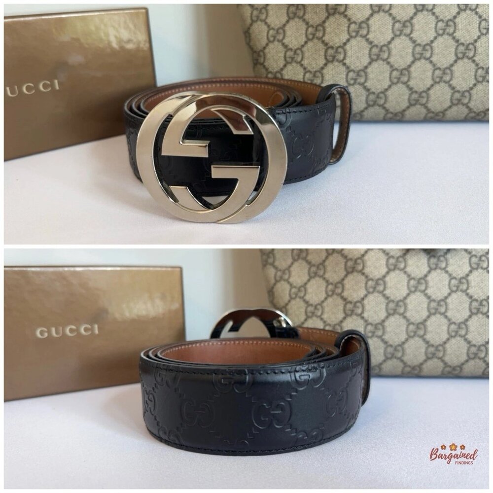 Auth Gucci Black Guccissima Leather Silver Interlocking G Buckle Belt 95/38 - Picture 3 of 13